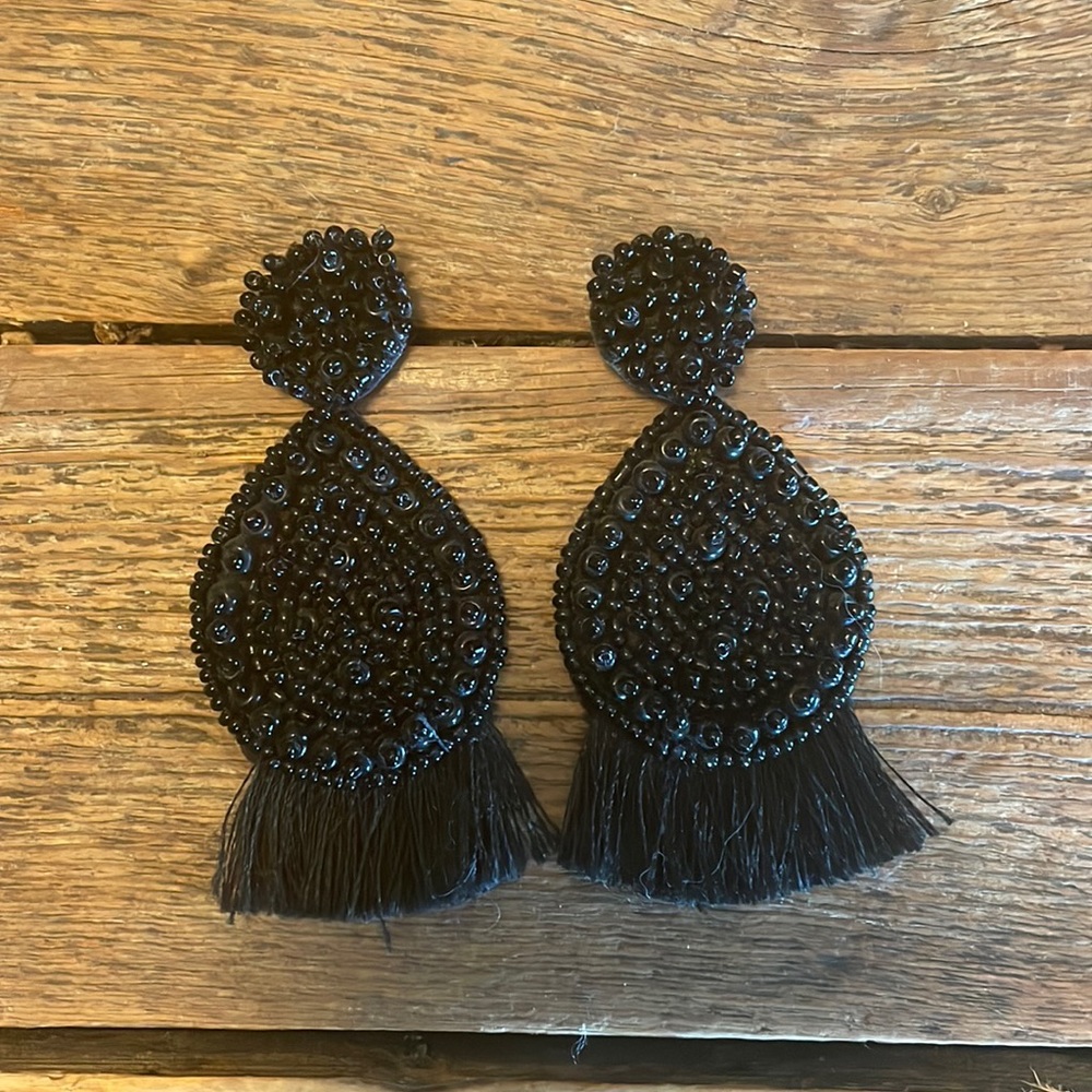 Black beaded ear rings with fringe-